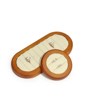 Luxe Houten Crème en Grijs Fluwelen Ring Display Dienblad