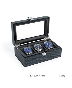 High End Black Carbon Fiber Texture Wooden Velvet Wrist Watch Display Box