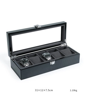 New Black Carbon Fiber Texture Wooden Velvet Mens Pocket Watch Display Box