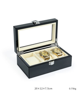 High End Black Carbon Fiber Texture Wooden Velvet Wrist Watch Display Box