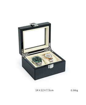 High End Wooden Black Carbon Fiber Texture Velvet Double Watch Display Box