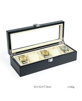 New Black Carbon Fiber Texture Wooden Velvet Mens Pocket Watch Display Box