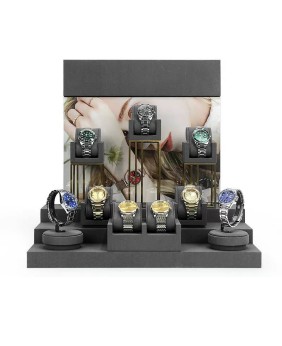 Set di espositori per vetrine per orologi in velluto grigio scuro in metallo dorato in vendita