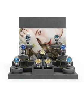 Beliebtes Uhrenvitrinen-Set aus dunkelgrauem Samt aus goldfarbenem Metall