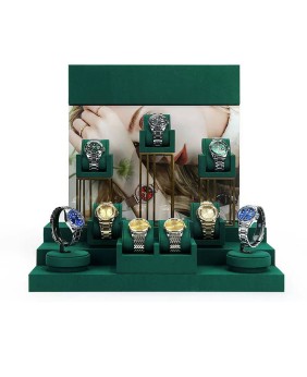 Novos conjuntos de exibição de vitrine de relógio de veludo verde escuro de metal dourado