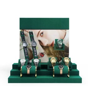 Conjuntos de exhibición de relojes de terciopelo verde oscuro de metal dorado populares