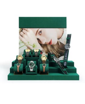 Juegos de soportes de exhibición para relojes de terciopelo verde oscuro y metal dorado de primera calidad
