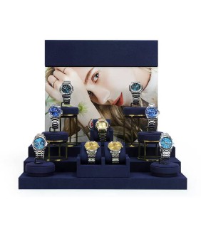 Marineblauwe fluwelen gouden metalen horlogedisplaysets te koop