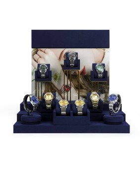 Conjuntos de exhibición de vitrina de reloj de metal dorado de terciopelo azul marino