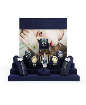 Novos conjuntos de exibição de relógio de metal dourado de veludo azul marinho