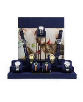 Novos conjuntos de exibição de relógio de metal dourado de veludo azul marinho para venda