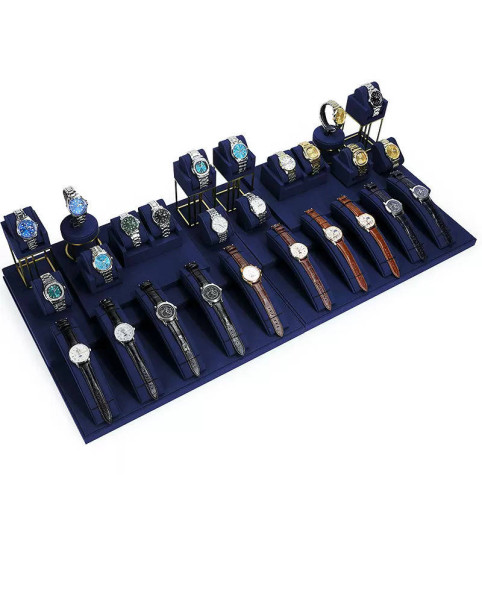 Marineblaue Samt-Uhrenvitrinen-Ausstellungsständer-Sets zum Verkauf