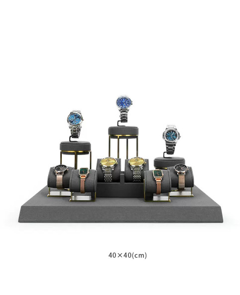 Uhrendisplay-Set aus dunkelgrauem Samt und goldenem Metall zu verkaufen