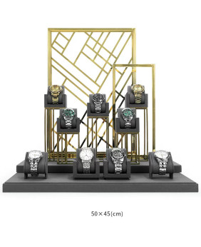 Premium New Dark Gray Velvet Gold Metal Watch Showcase Display Set