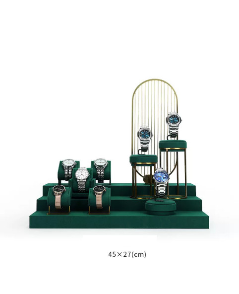 High End populaire gouden metalen donkergroene fluwelen horlogekast displayset