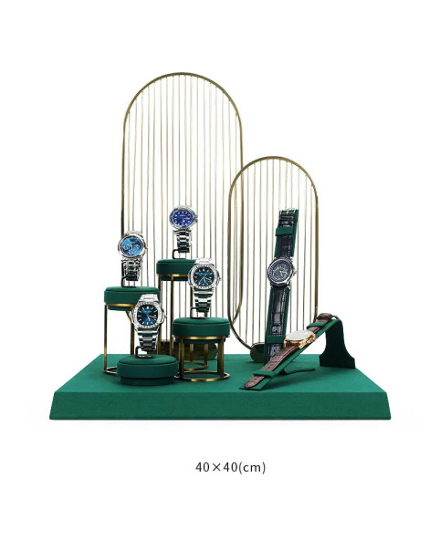 Luxe gouden metalen donkergroene fluwelen horloge display set uitverkoop