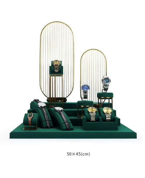 Nieuwe creatieve gouden metalen donkergroene fluwelen horlogevitrine displayset