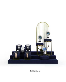 Luxuriöses Uhrendisplay-Set aus marineblauem Samt mit goldenem Metallfenster