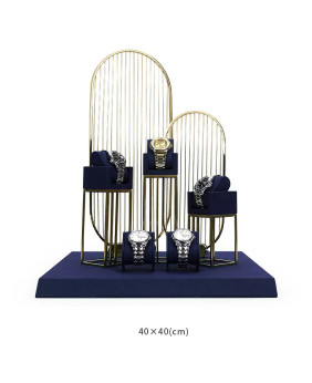 Uhrendisplay-Set aus marineblauem Samt und goldenem Metall