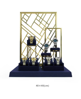 Neues luxuriöses Uhrendisplay-Set aus Samt und Goldmetall in Marineblau