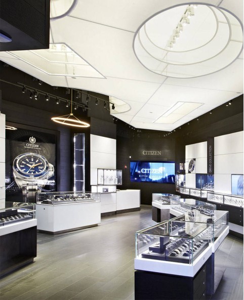 Design de exibição de loja de relógios de madeira de luxo